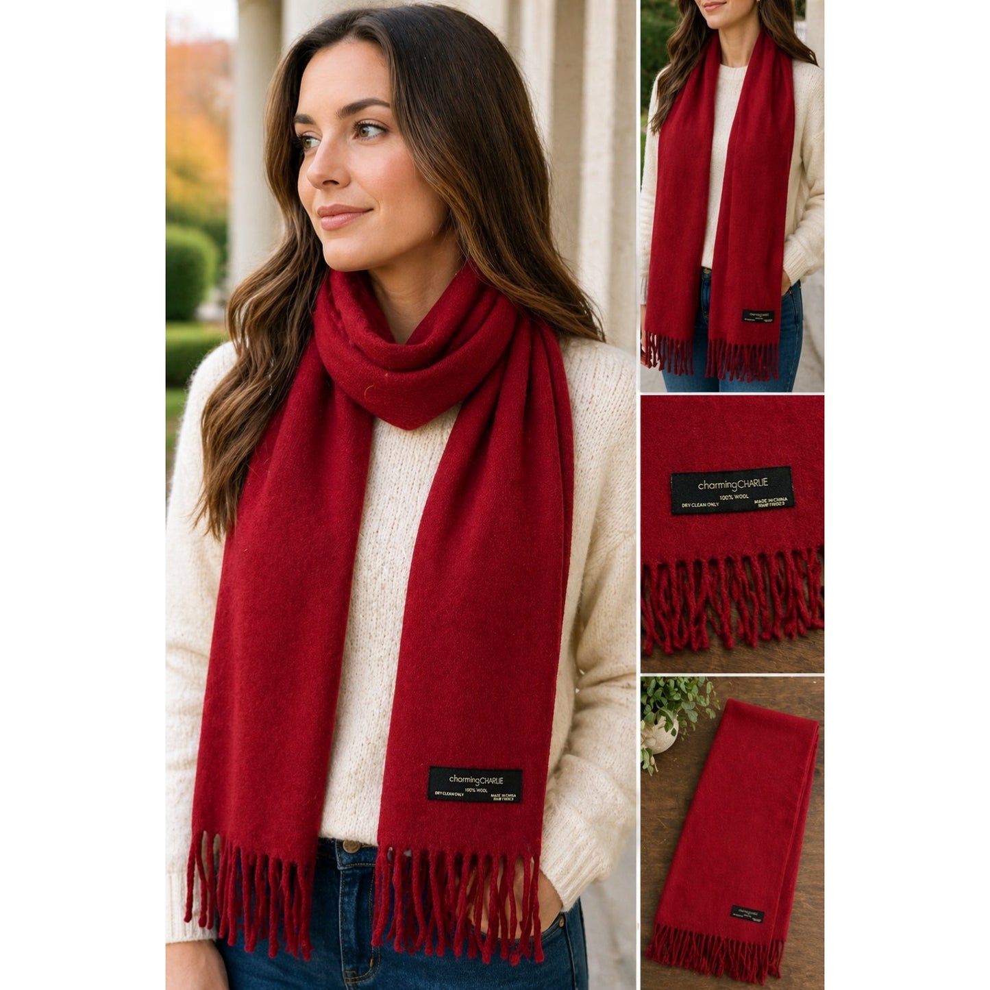 Charming Charlie Red 100% Wool Scarf Fringe Winter Wrap 60x12