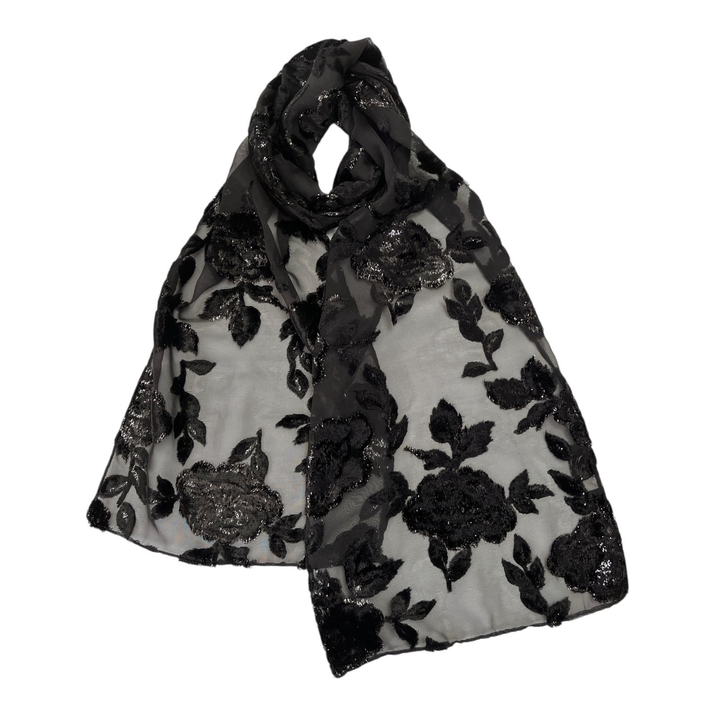 Vintage NY & Company Black Flocked Floral Scarf – Sheer Evening Wrap