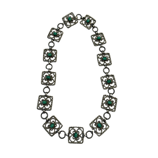 Vintage Silver Tone Filigree Floral Green Cabochon Necklace 22 Inch