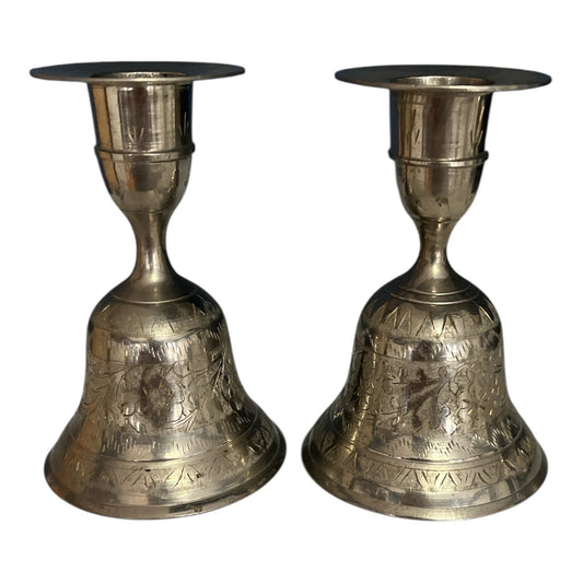 Vintage Silver-Tone Brass Bell-Shaped Candle Holders – Set of 2 – Z.Y. India – 4" x 2.5" – Engraved Floral Design