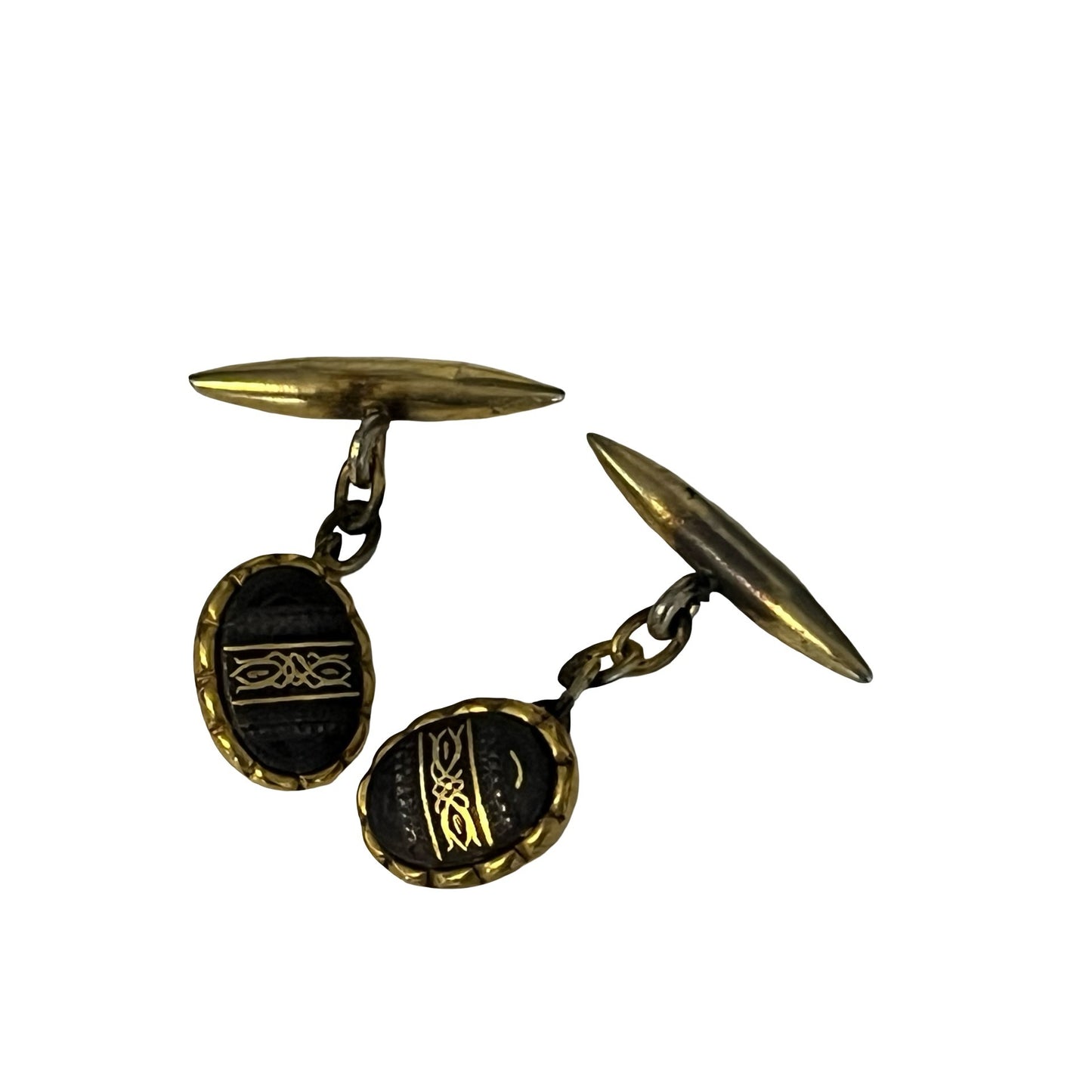 Vintage Gold Tone Cufflinks Black Oval Inlay Chain Link Retro Men’s Formal Jewelry