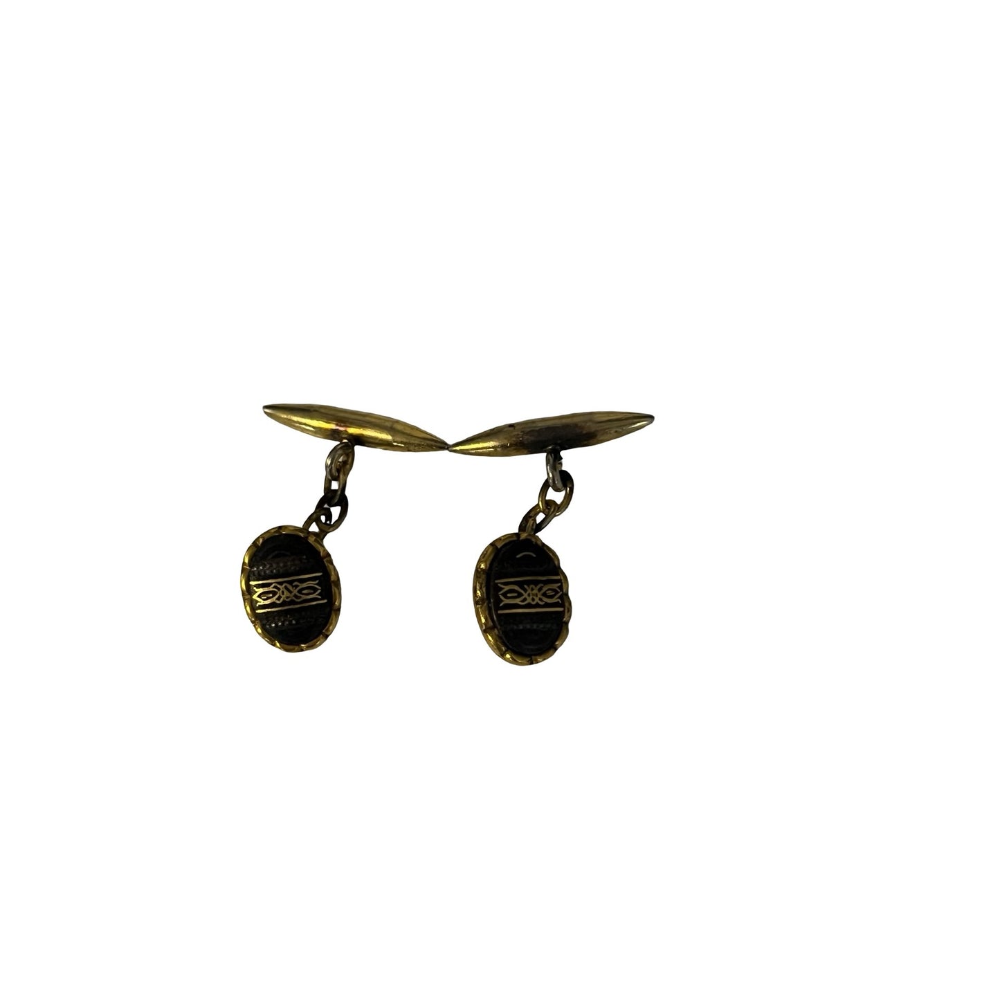Vintage Gold Tone Cufflinks Black Oval Inlay Chain Link Retro Men’s Formal Jewelry