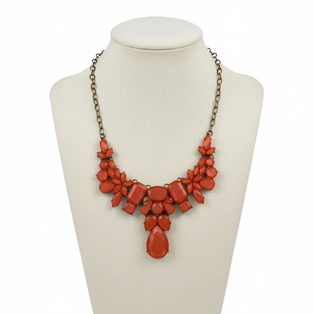Coldwater Creek Coral Statement Bib Necklace Gold Tone Chain Signed C