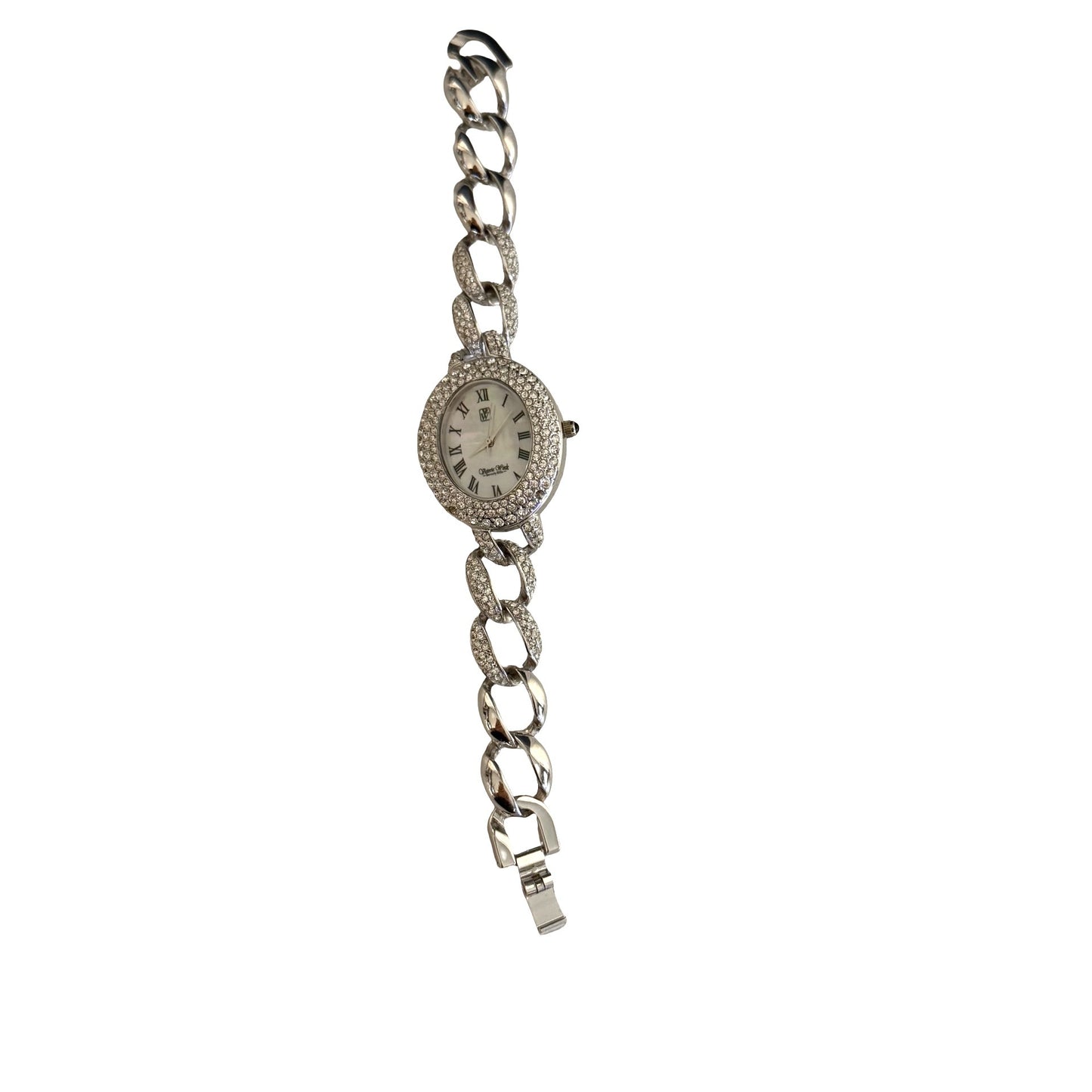 Vintage Victoria Wieck Beverly Hills Rhinestone Link Bracelet Watch Silver Tone