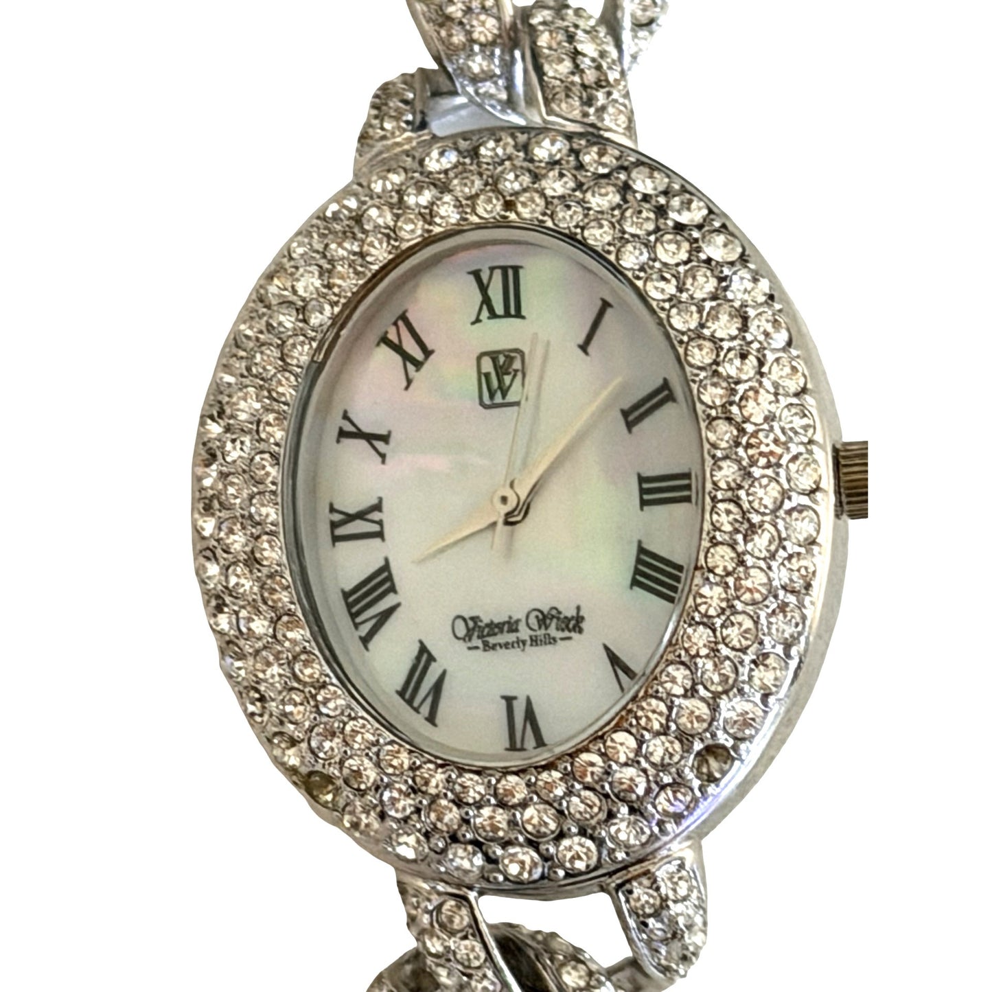Vintage Victoria Wieck Beverly Hills Rhinestone Link Bracelet Watch Silver Tone