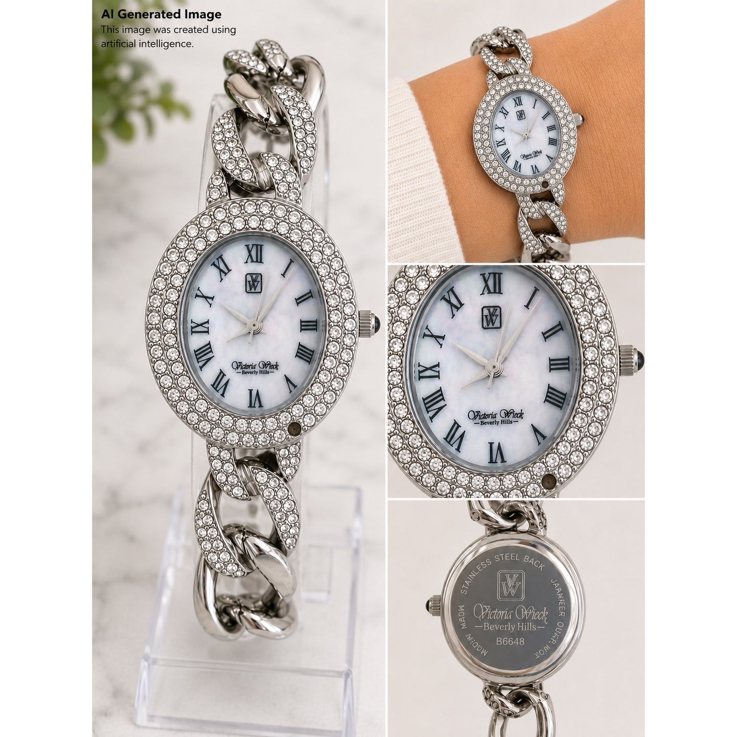 Vintage Victoria Wieck Beverly Hills Rhinestone Link Bracelet Watch Silver Tone