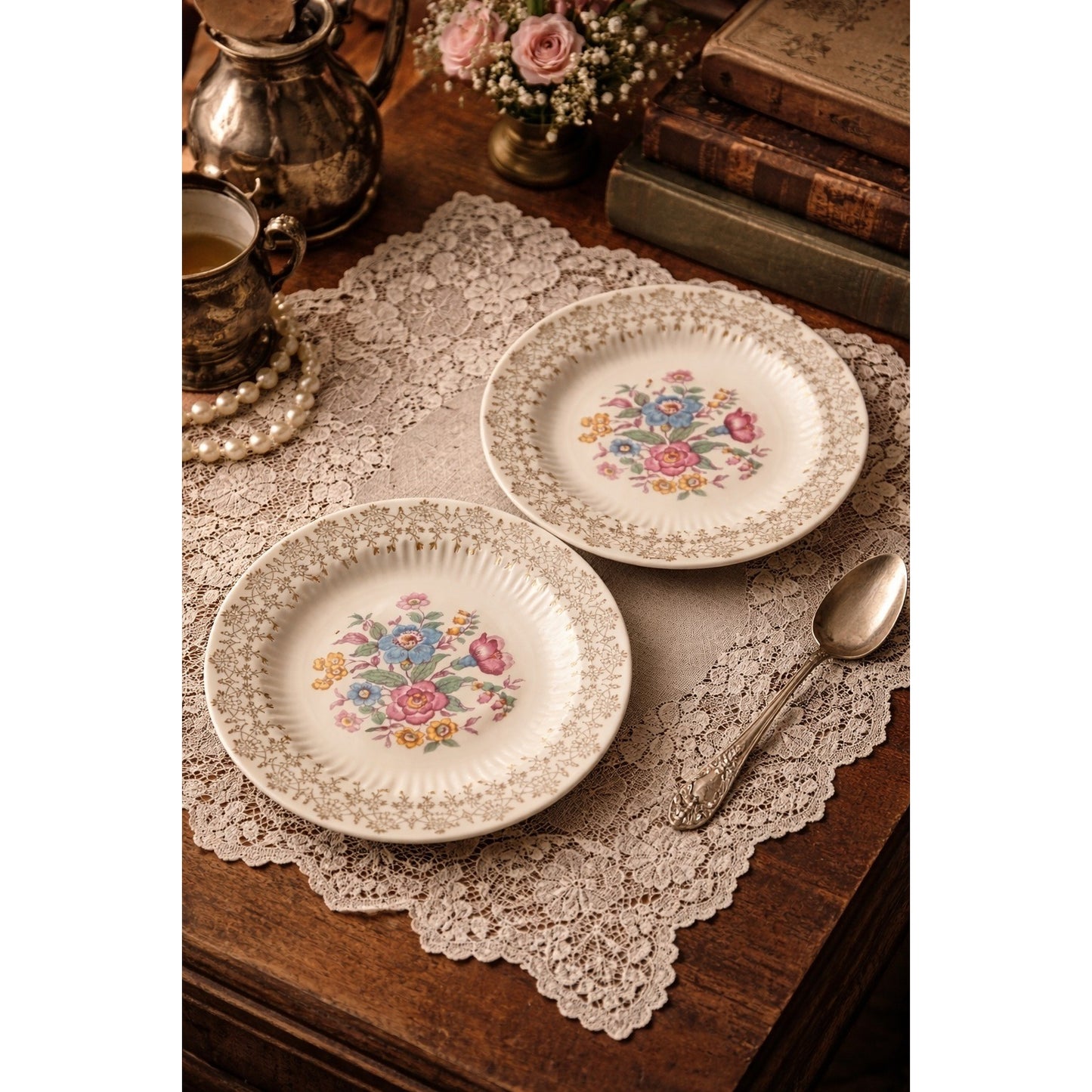 Set of 2 Royal China Royal Halton Floral Plates 22K Gold Trim 6 Inch Vintage