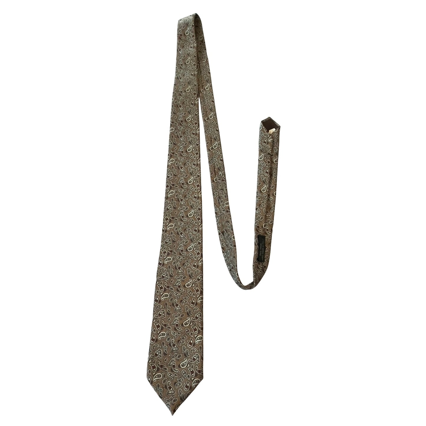Hardy Amies London Paisley Tie Brown Gold Silk Look Handmade Italy Vintage