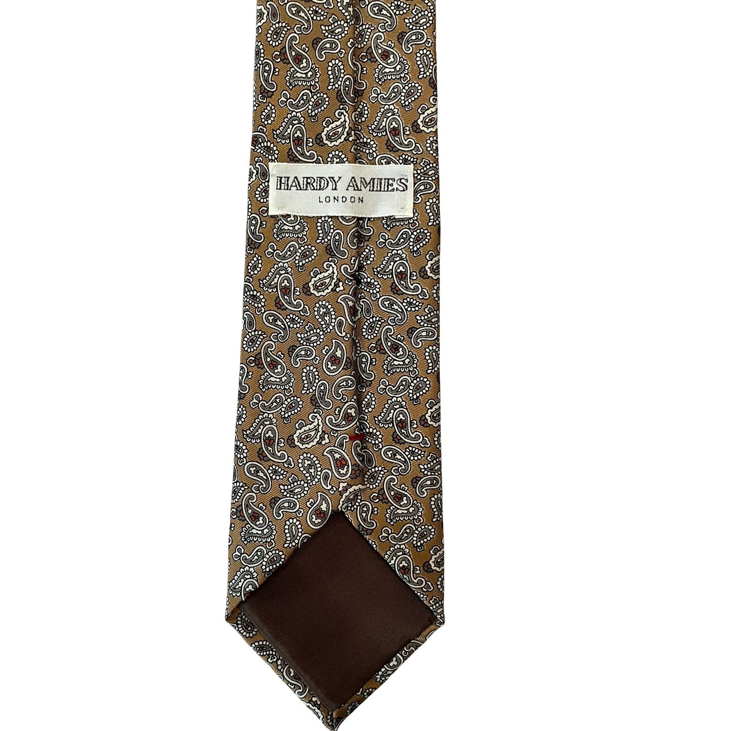 Hardy Amies London Paisley Tie Brown Gold Silk Look Handmade Italy Vintage
