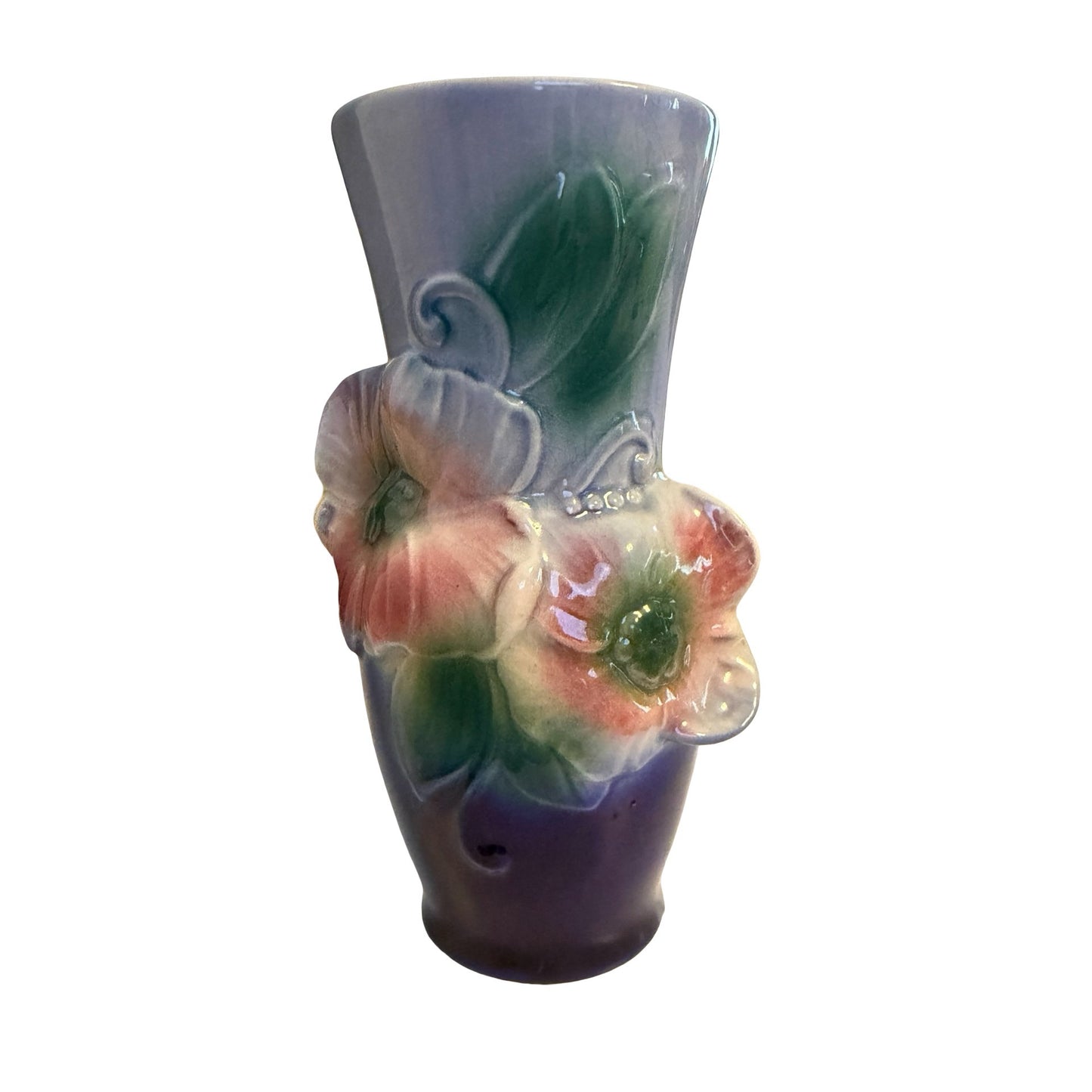 Vintage Royal Copley Floral Vase Blue Pink Green Raised Flower Ceramic 7"