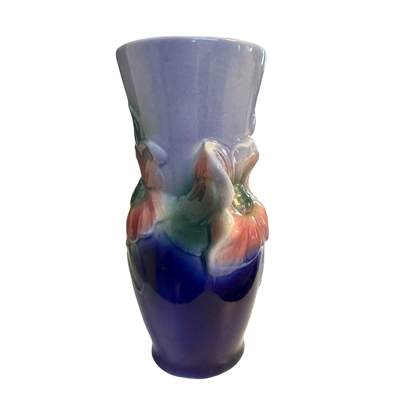 Vintage Royal Copley Floral Vase Blue Pink Green Raised Flower Ceramic 7"