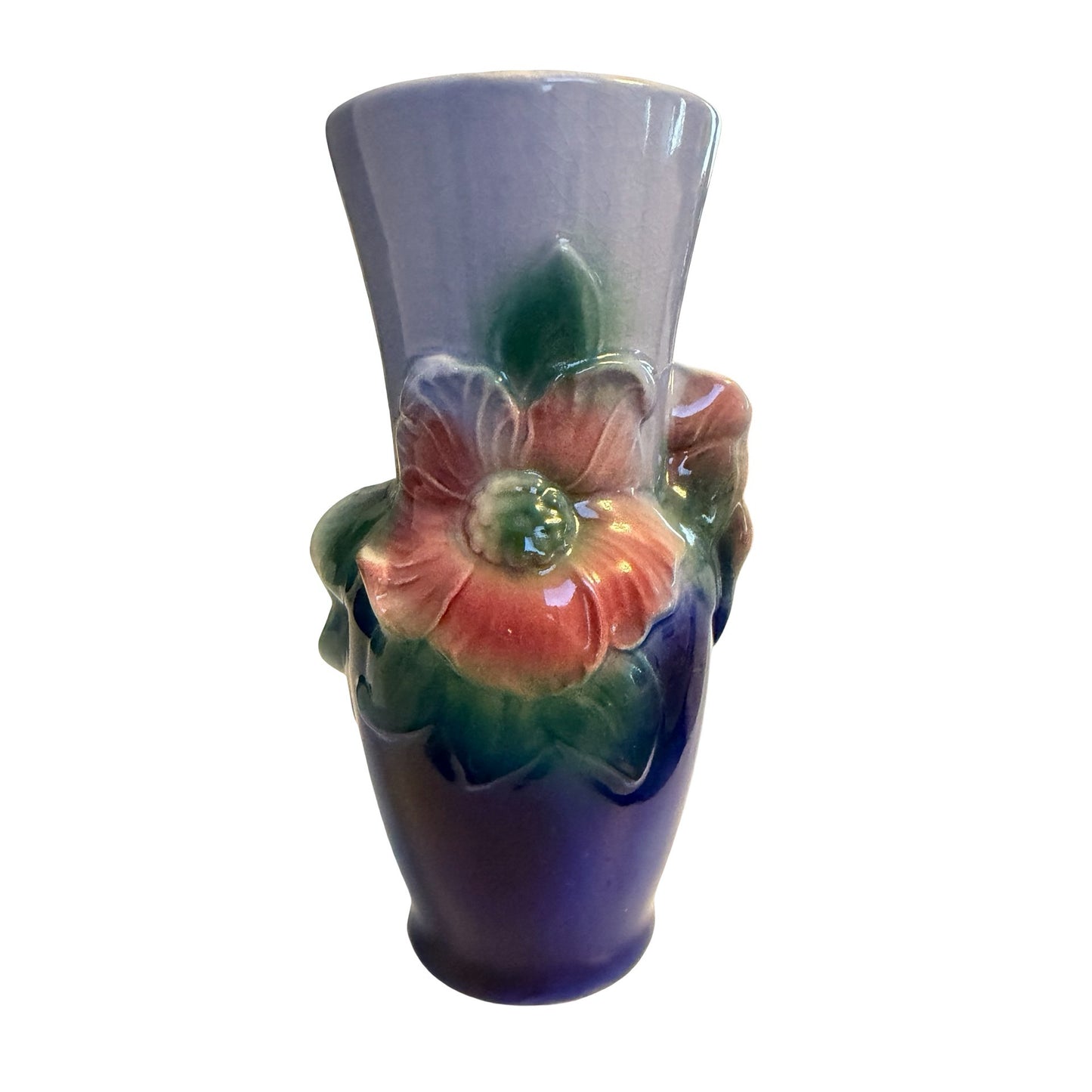 Vintage Royal Copley Floral Vase Blue Pink Green Raised Flower Ceramic 7"