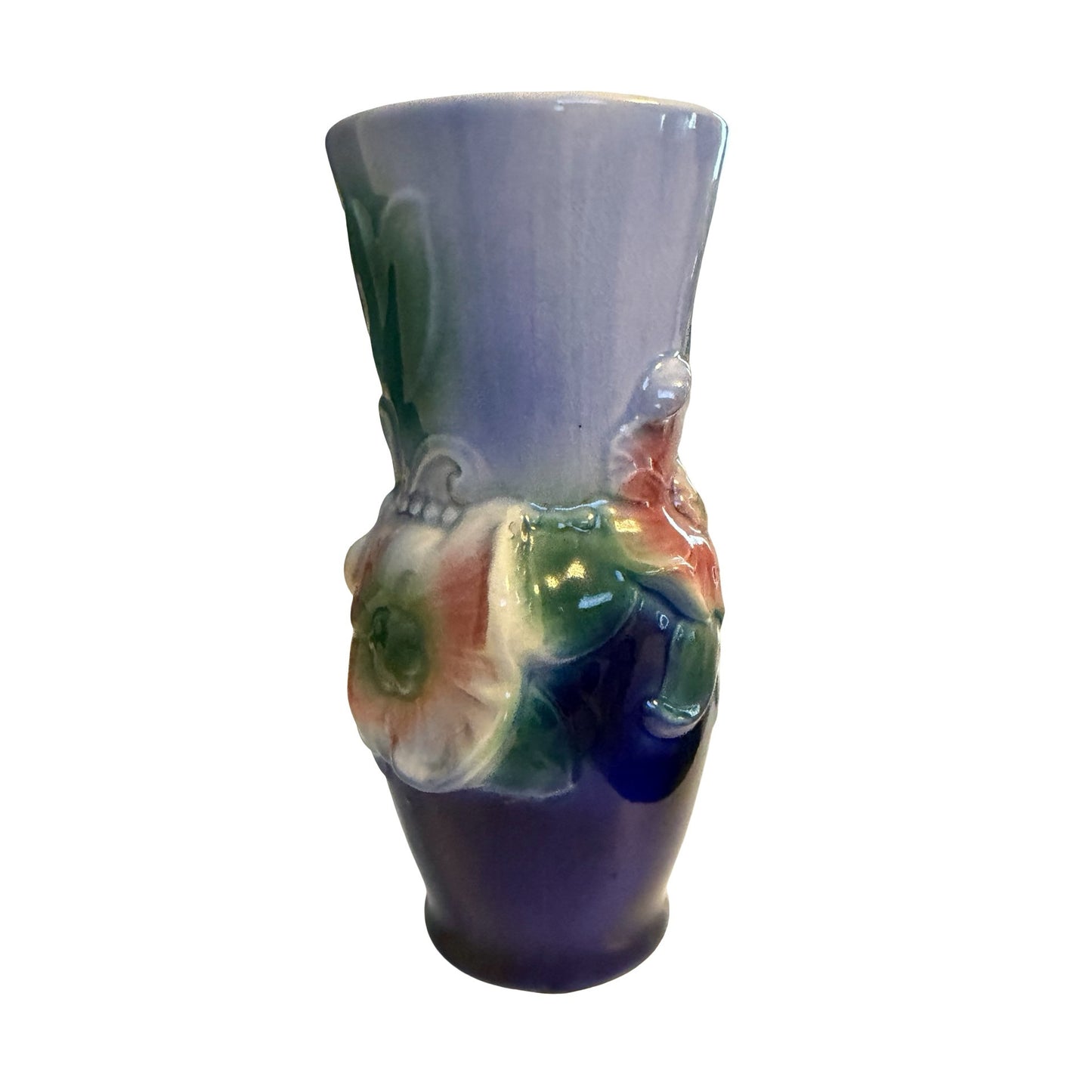 Vintage Royal Copley Floral Vase Blue Pink Green Raised Flower Ceramic 7"