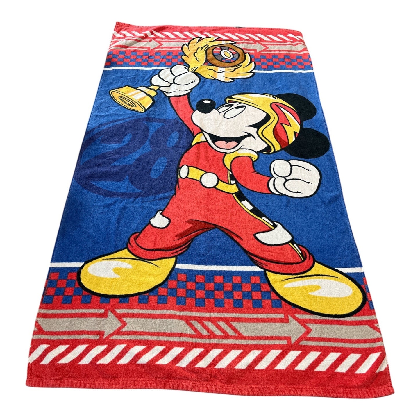 Disney Store Mickey Mouse Roadster Racer Beach Towel 30” x 60” Red Blue Trophy Racing