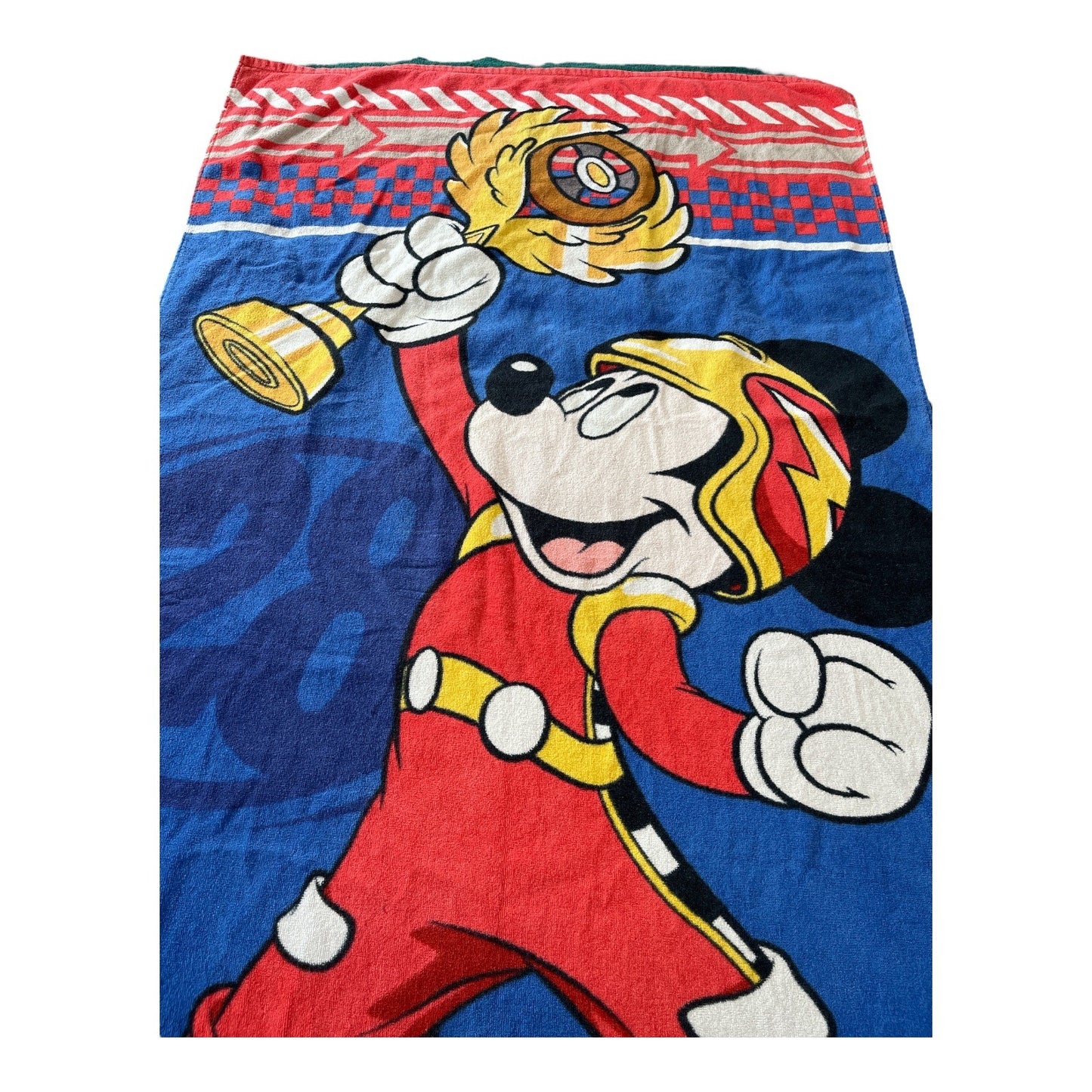 Disney Store Mickey Mouse Roadster Racer Beach Towel 30” x 60” Red Blue Trophy Racing
