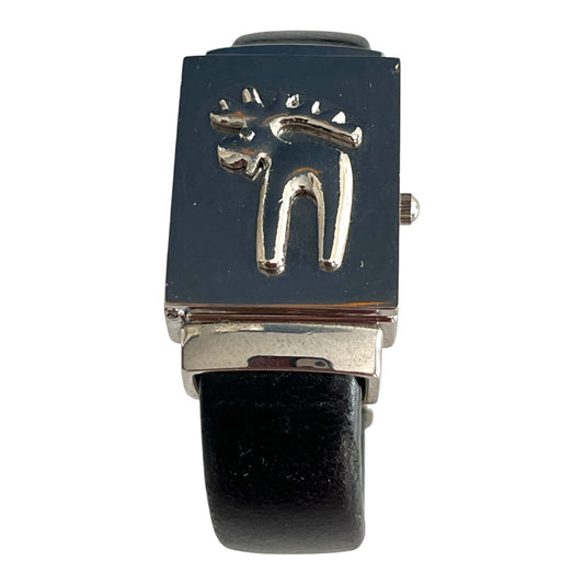 Vintage Moose Motif Hunter Case Cuff Watch Wide Black Leather Band Japan Quartz Hinged Lid