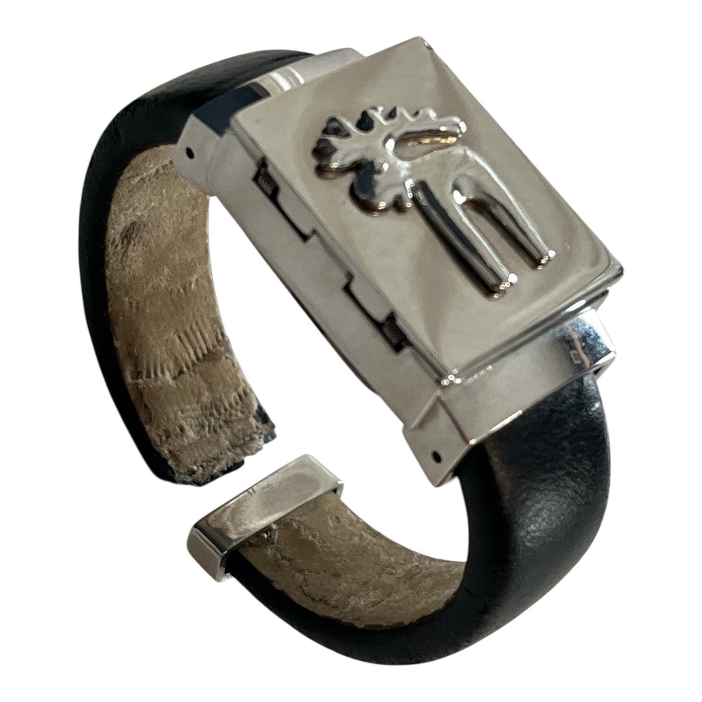 Vintage Moose Motif Hunter Case Cuff Watch Wide Black Leather Band Japan Quartz Hinged Lid