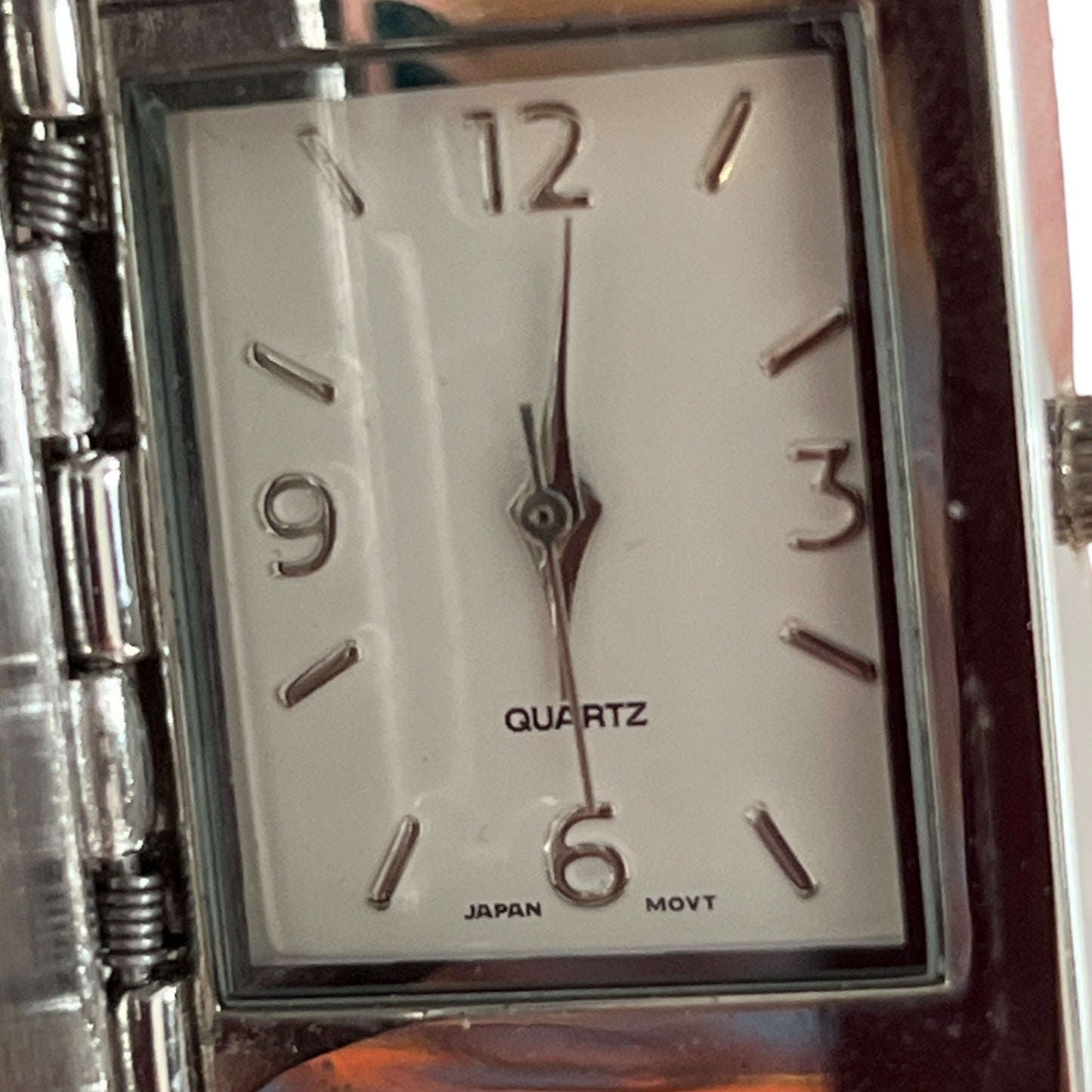 Vintage Moose Motif Hunter Case Cuff Watch Wide Black Leather Band Japan Quartz Hinged Lid