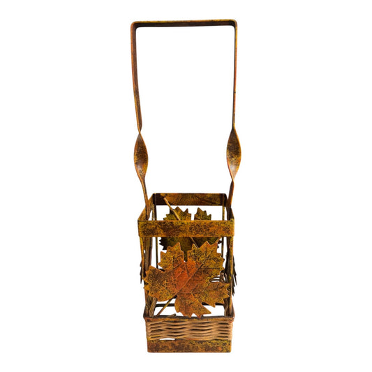 Early 2000s Rustic Metal and Wicker Leaf Basket with Handle – Autumn Decor