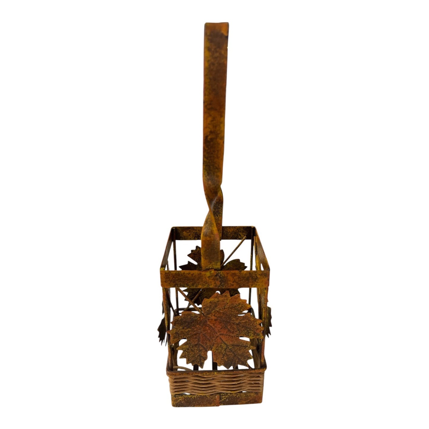 Early 2000s Rustic Metal and Wicker Leaf Basket with Handle – Autumn Decor