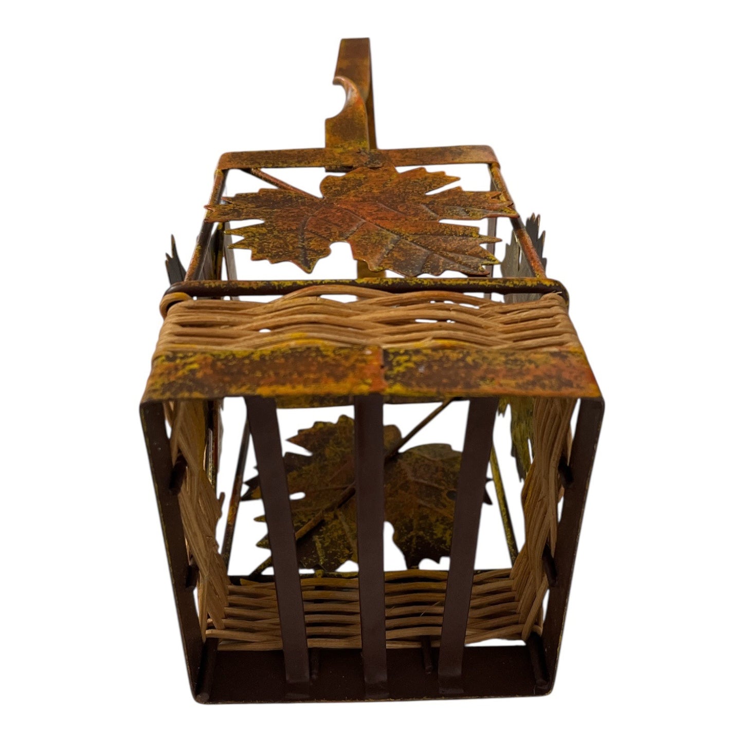 Early 2000s Rustic Metal and Wicker Leaf Basket with Handle – Autumn Decor