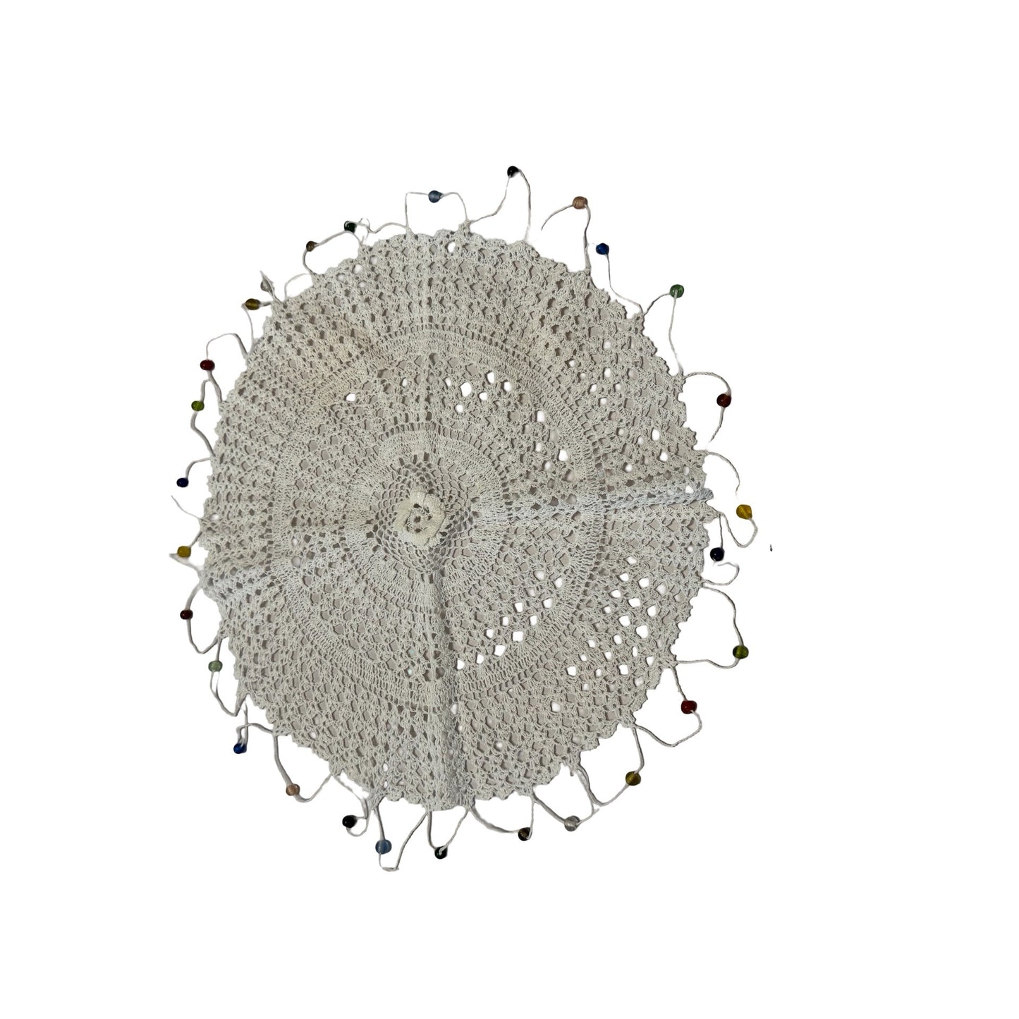 Handmade Crochet Doily 14" Round White Cotton Beaded Centerpiece Table Decor