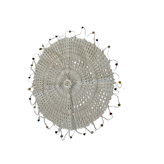 Handmade Crochet Doily 14" Round White Cotton Beaded Centerpiece Table Decor