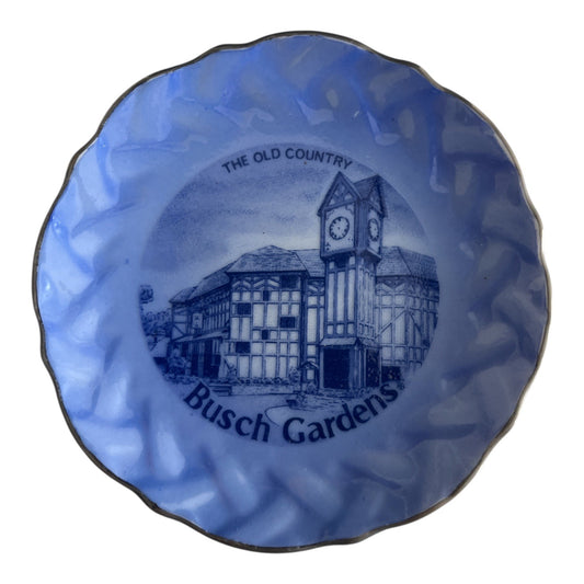 Vintage Busch Gardens “The Old Country” Blue Souvenir Plate – 4” Decorative Mini Plate with Clock Tower Scene
