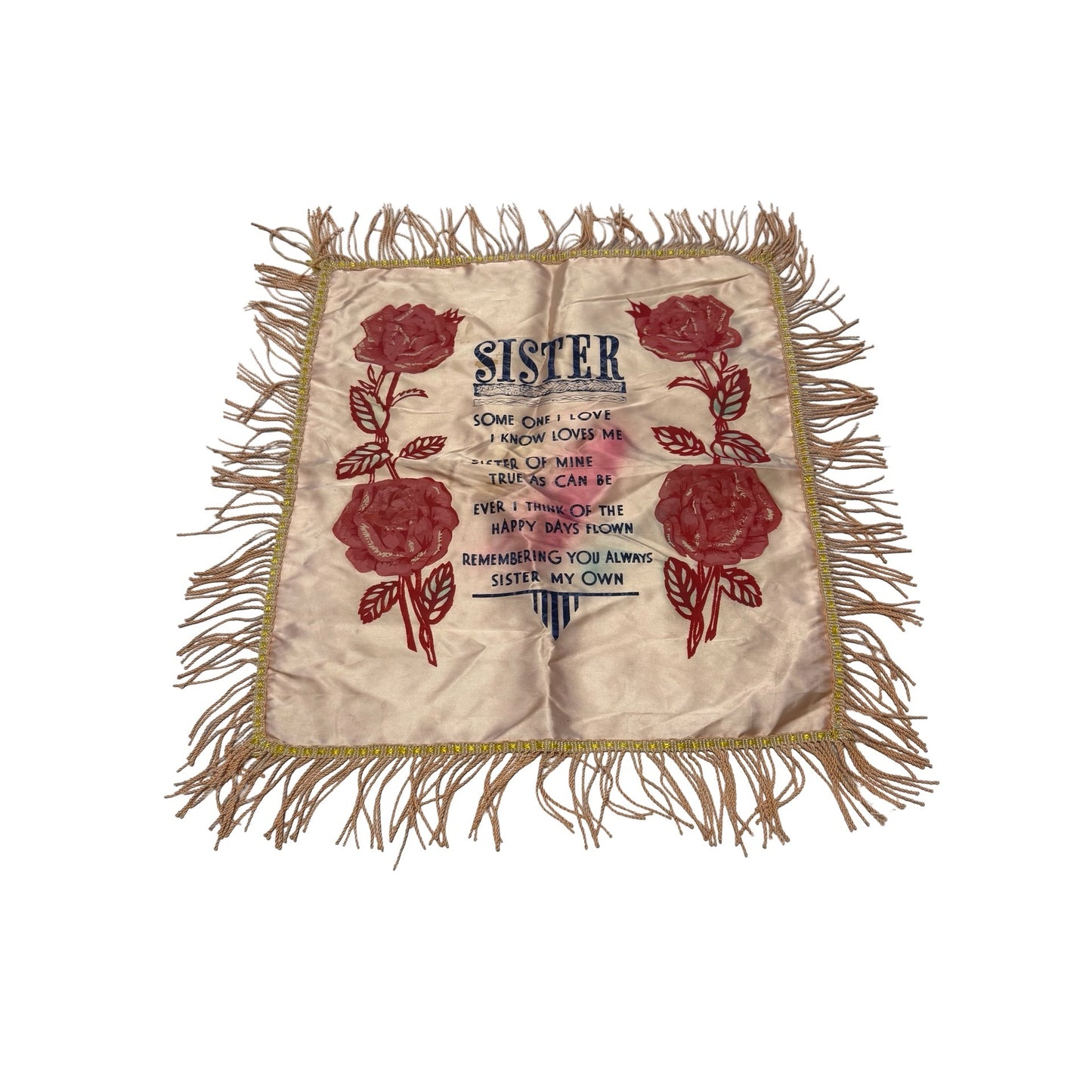 Vintage Pink Champagne Satin Sister Poem Pillow Cover Fringed Roses 16"