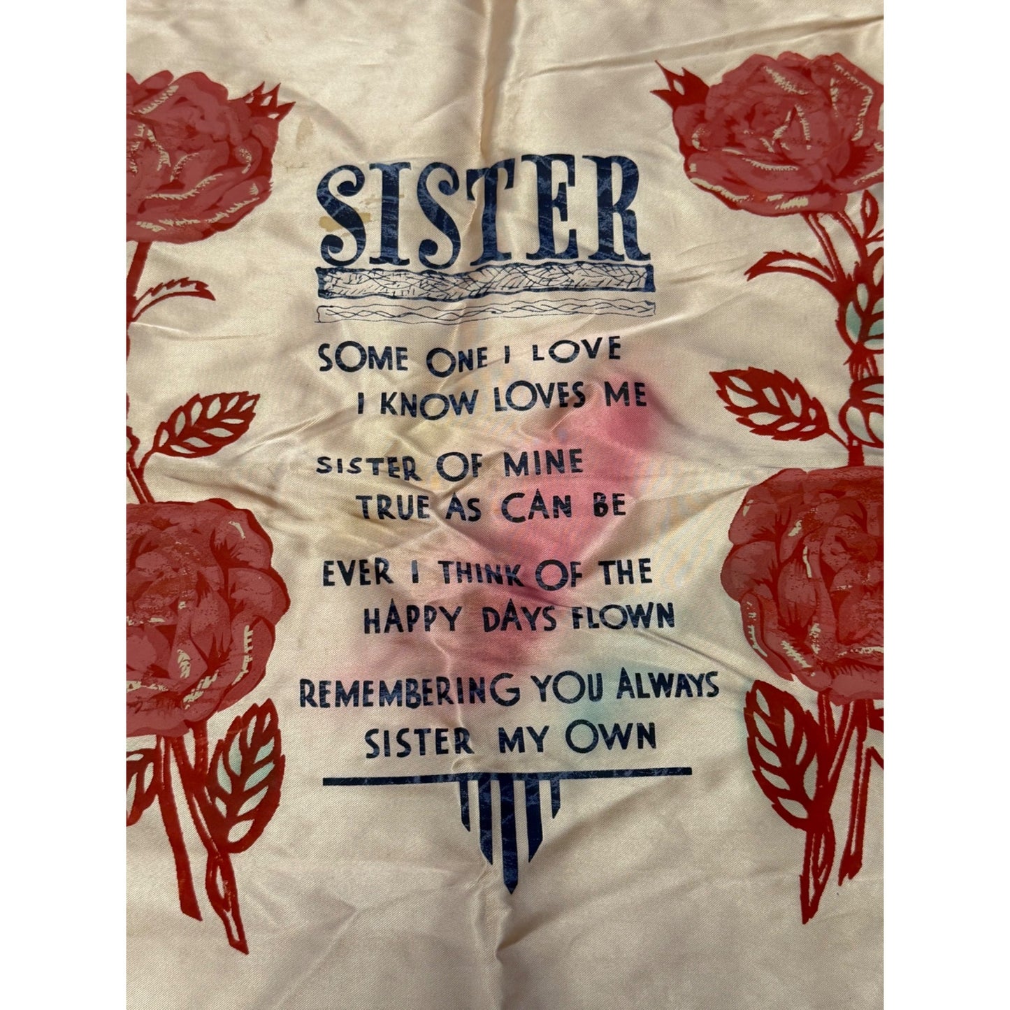Vintage Pink Champagne Satin Sister Poem Pillow Cover Fringed Roses 16"