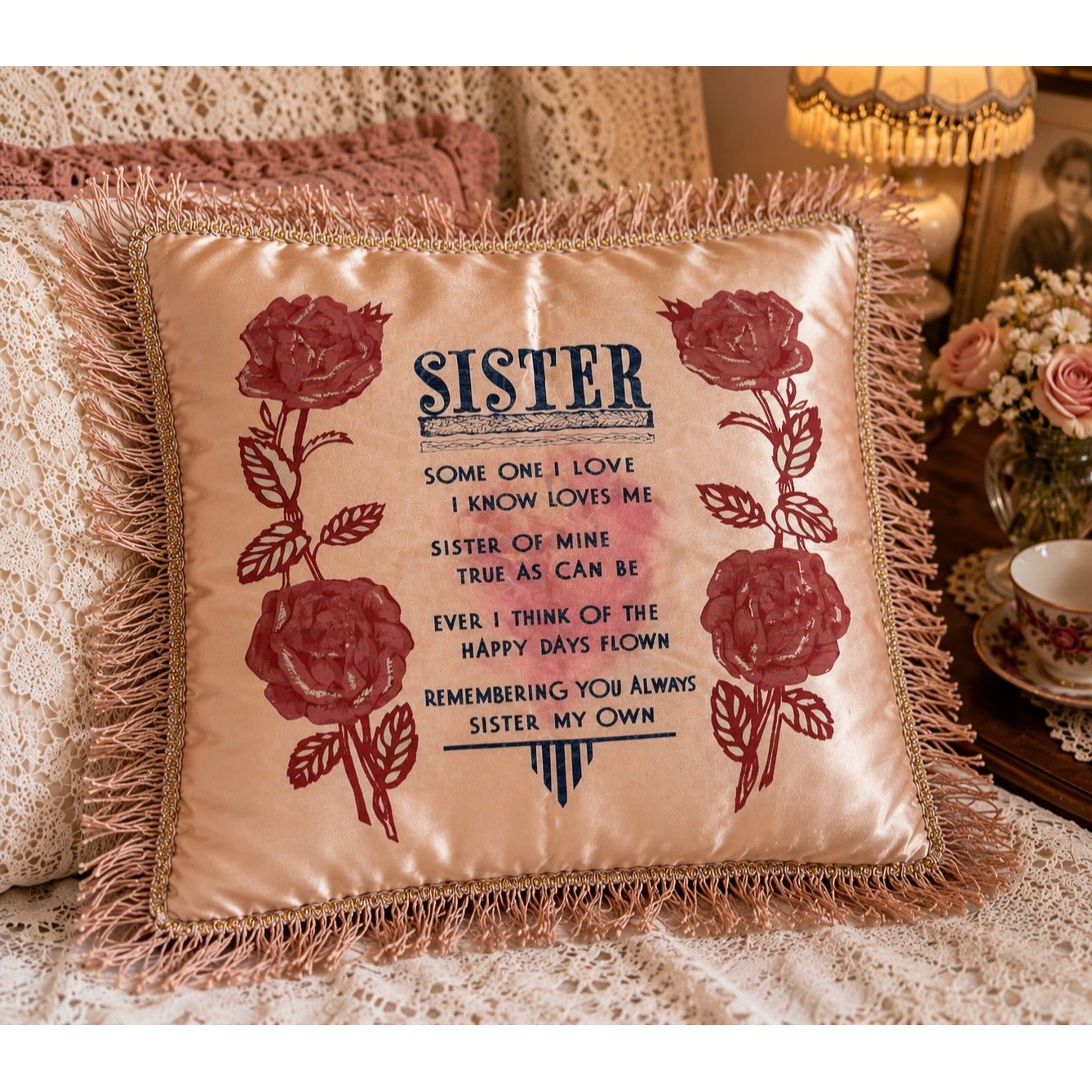 Vintage Pink Champagne Satin Sister Poem Pillow Cover Fringed Roses 16"