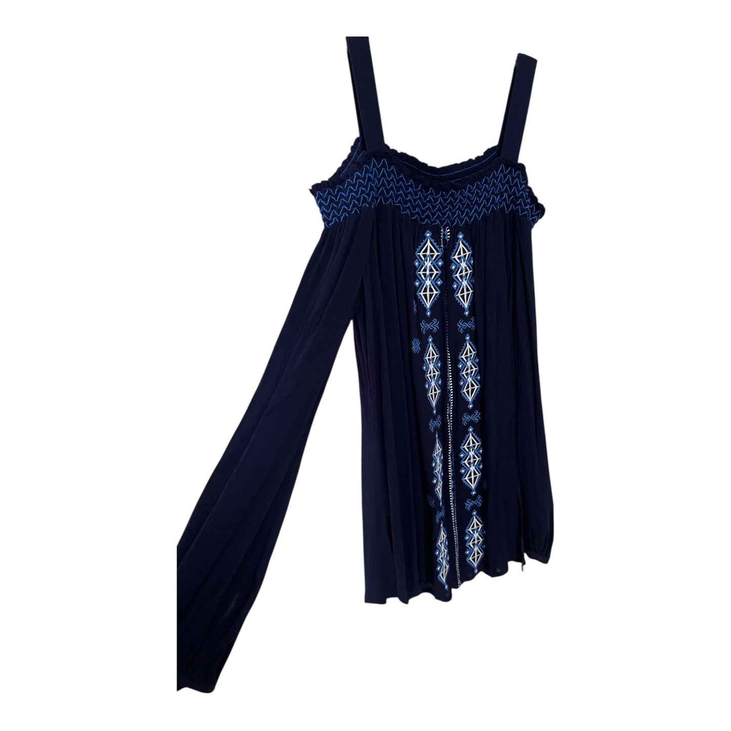 Cupio Women’s Size S Navy Blue Embroidered Long Sleeve Boho Peasant Top