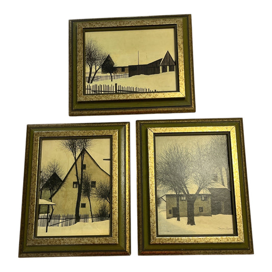 Vintage Jacques Deperthes Winter Landscape Prints – Set of 3 Framed Snowy Village Scenes – 10.5" x 8.5" Each