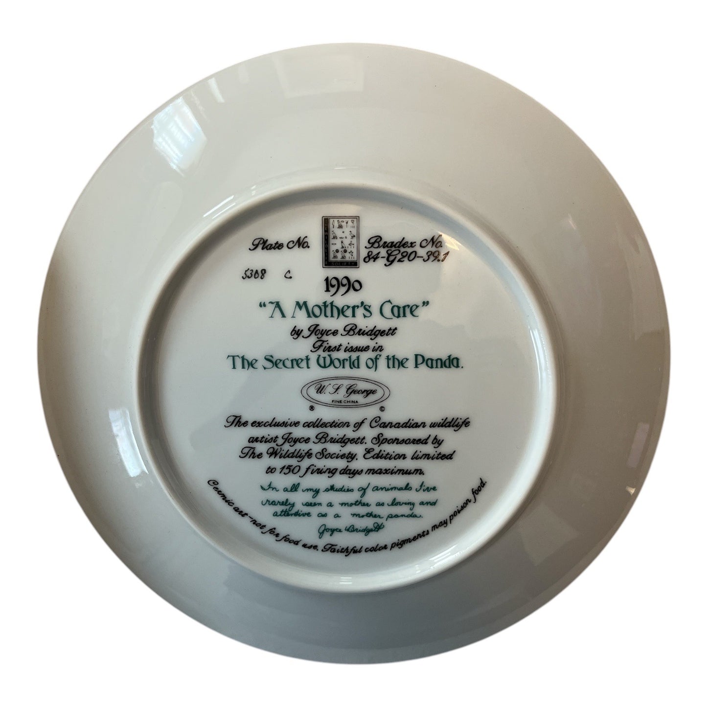 VTG 1990 Joyce Bridgett Panda Collector Plate “A Mother’s Care” W\.S. George w/COA