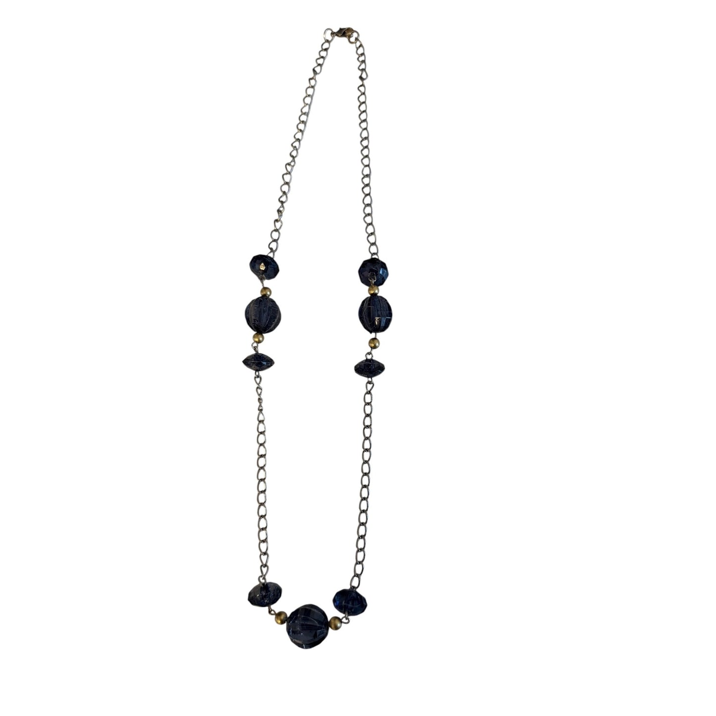 Vintage Blue Faceted Bead Necklace 20 Inch Silver Tone Chain Statement Necklace