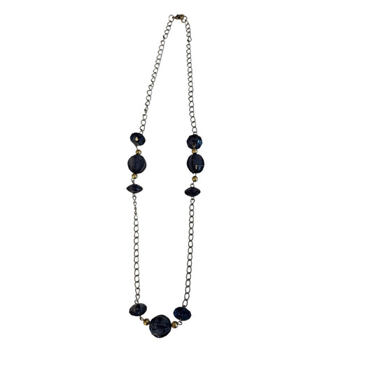Vintage Blue Faceted Bead Necklace 20 Inch Silver Tone Chain Statement Necklace