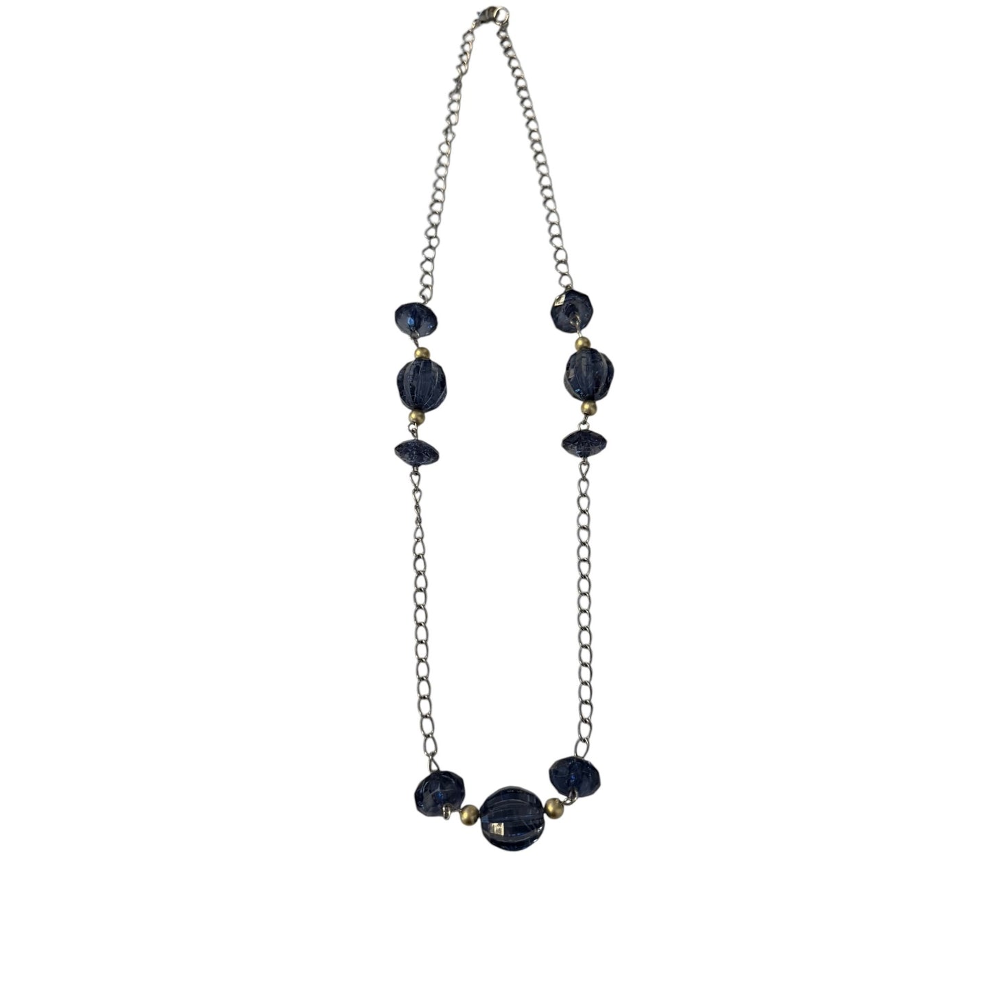 Vintage Blue Faceted Bead Necklace 20 Inch Silver Tone Chain Statement Necklace