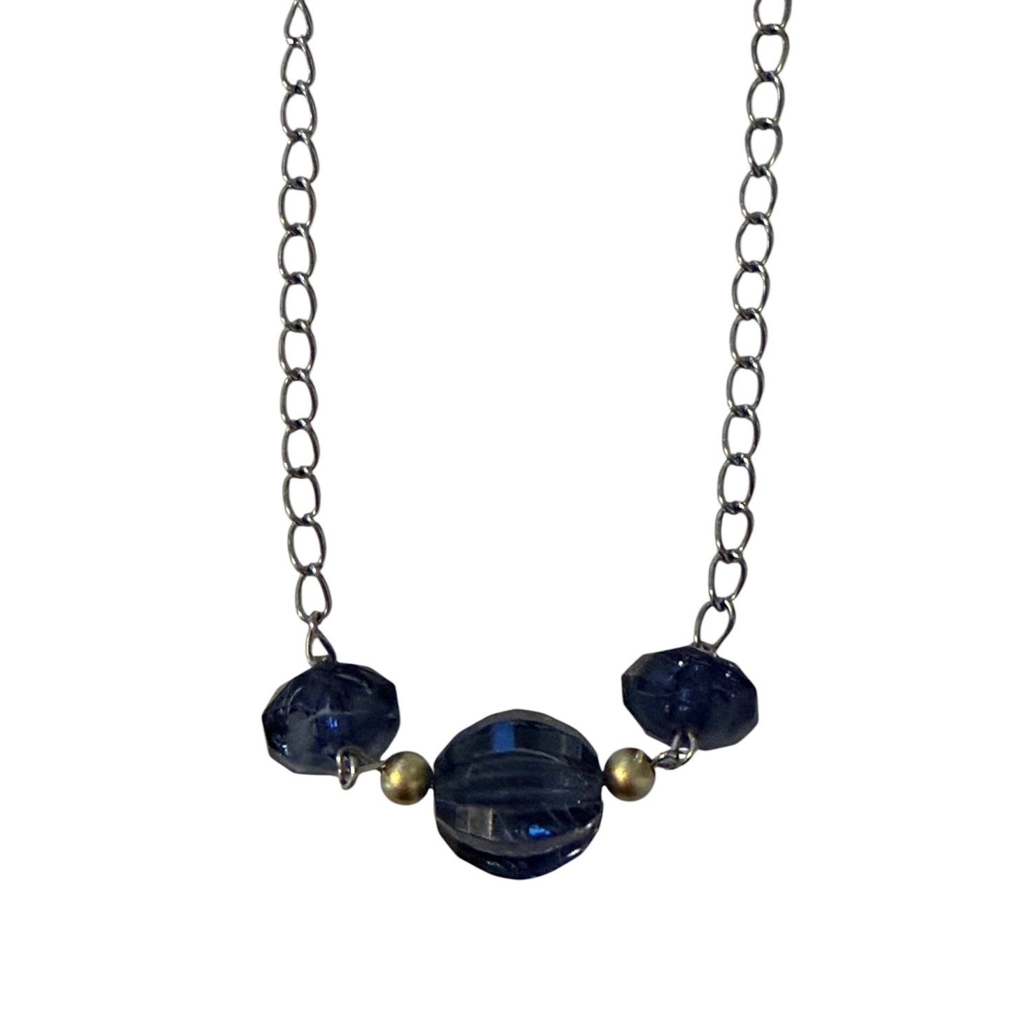 Vintage Blue Faceted Bead Necklace 20 Inch Silver Tone Chain Statement Necklace