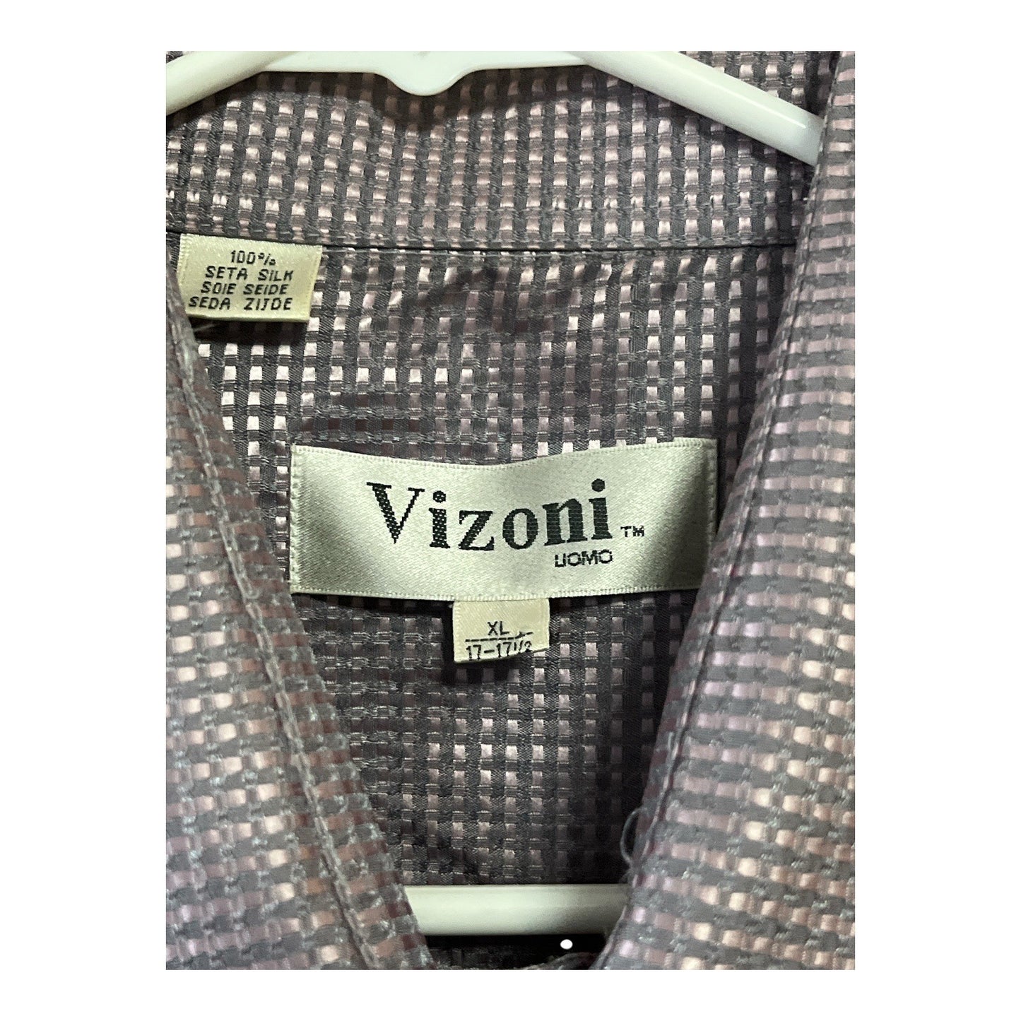 Vizioni Uomo Men’s XL 100% Silk Long Sleeve Dress Shirt – Lilac Textured Woven Pattern