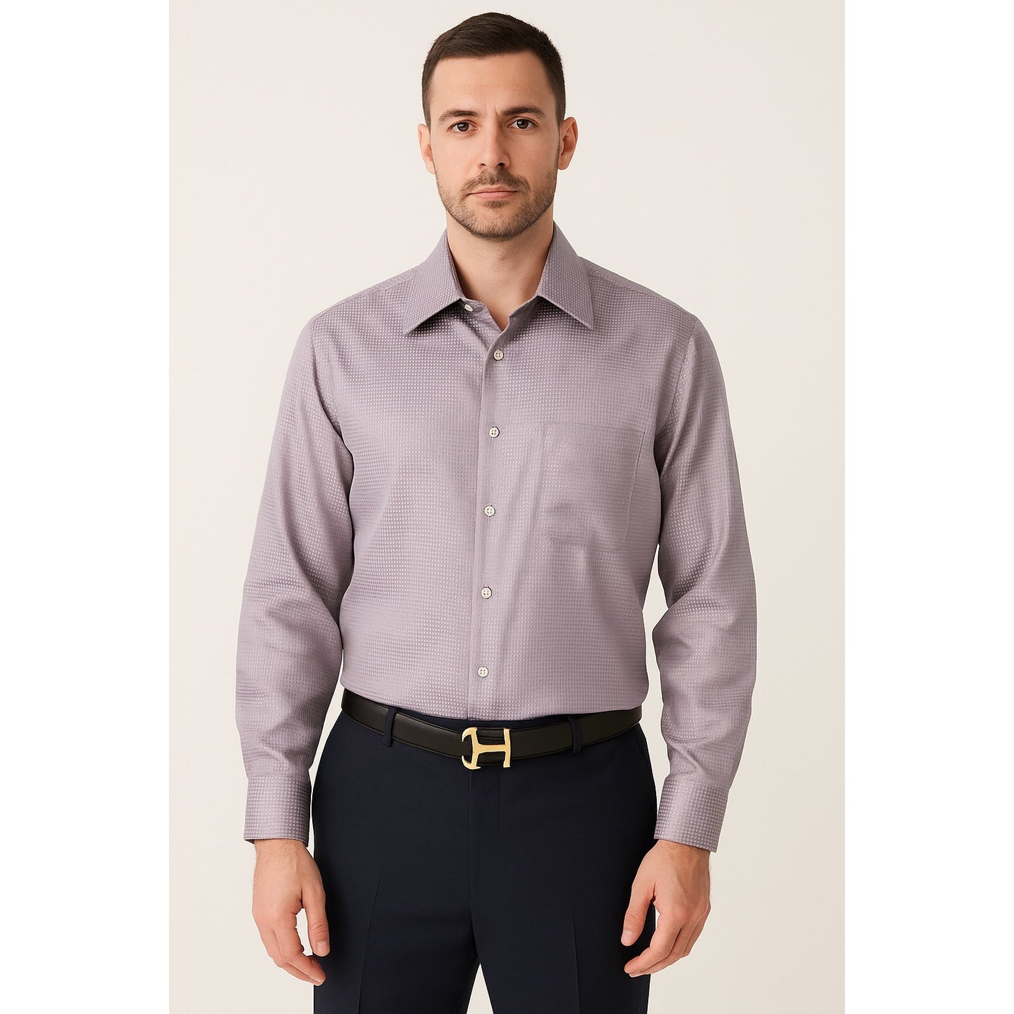 Vizioni Uomo Men’s XL 100% Silk Long Sleeve Dress Shirt – Lilac Textured Woven Pattern