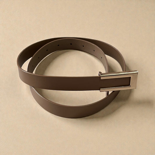 Genuine Leather Brown Belt Gold Tone Rectangular Buckle 33”