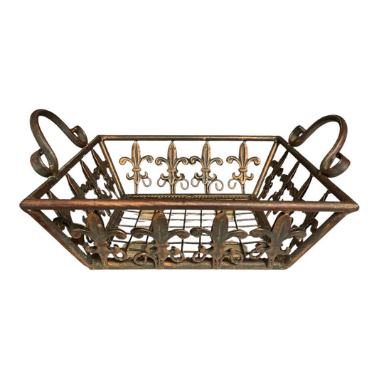 Rustic Fleur-de-Lis Metal Wire Basket with Handles – Bronze Finish