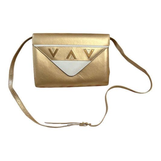 Vintage Margaret J. Gold & White Geometric Leather Shoulder Bag – Made in Spain – 8 x 10 in – 19” Drop