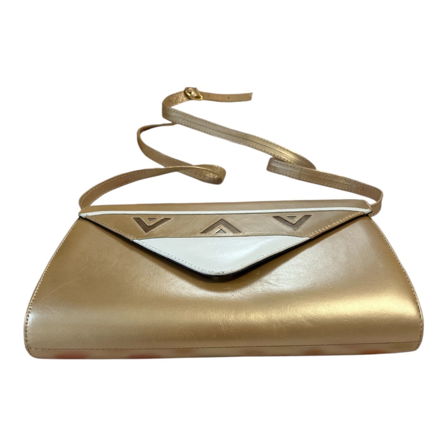 Vintage Margaret J. Gold & White Geometric Leather Shoulder Bag – Made in Spain – 8 x 10 in – 19” Drop