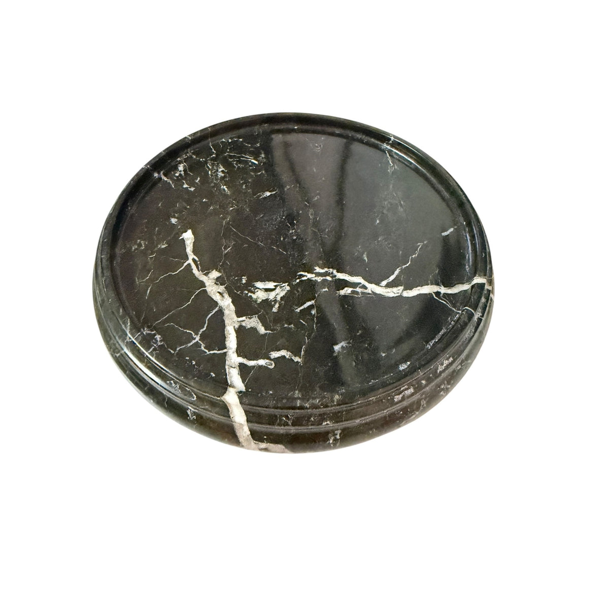 Black Marble Round Display Pedestal 7 Inch Polished Stone Riser White Veining