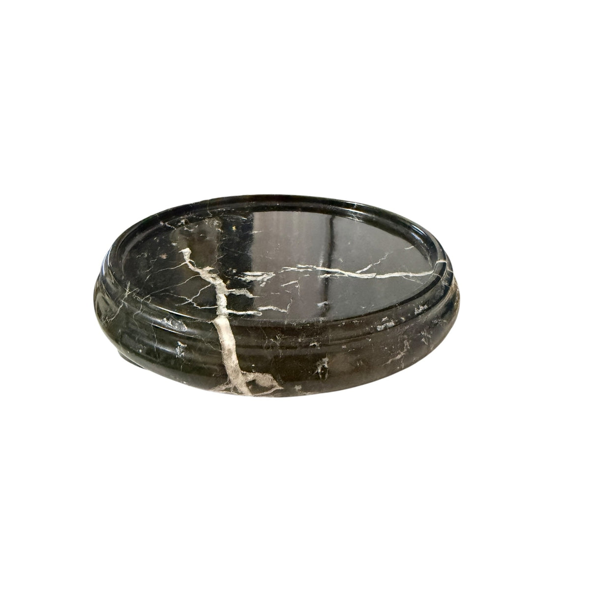 Black Marble Round Display Pedestal 7 Inch Polished Stone Riser White Veining
