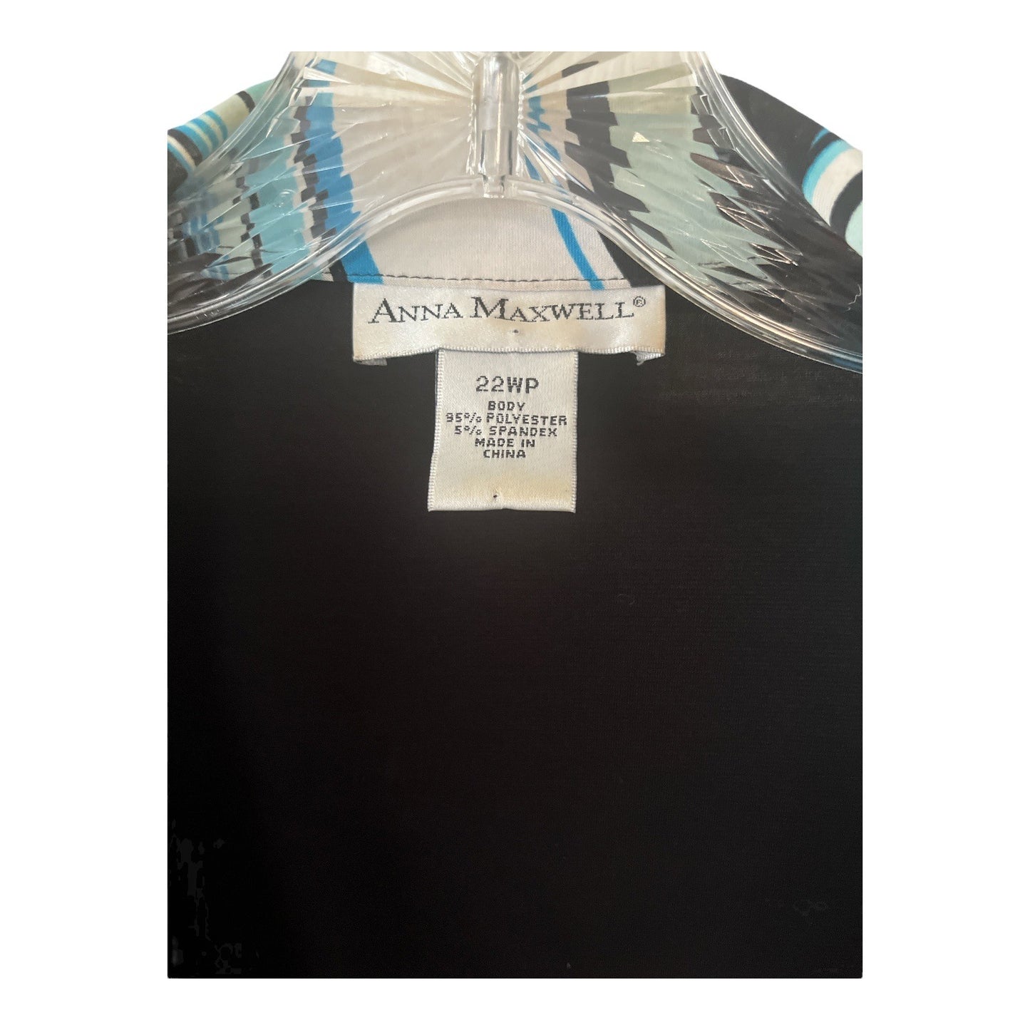 Vintage Anna Maxwell Open Front Jacket 22WP – Black with Blue Swirl Trim – Made in China