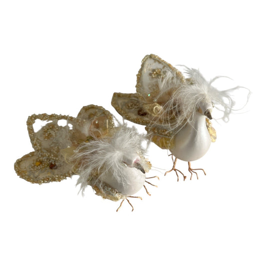 Set of 2 Decorative Birds Ornaments with Beaded Lace Tails and Feather Crests