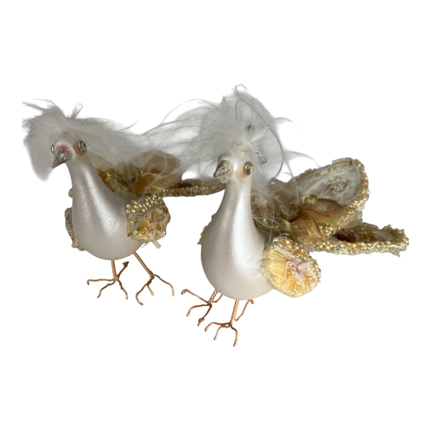 Set of 2 Decorative Birds Ornaments with Beaded Lace Tails and Feather Crests