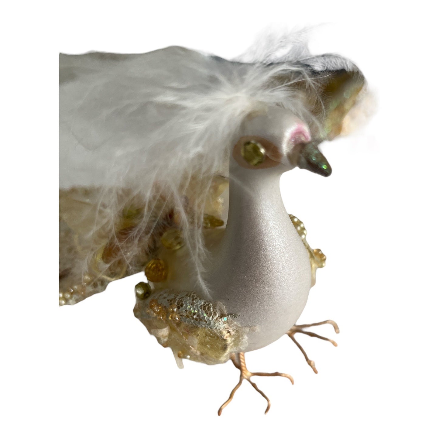 Set of 2 Decorative Birds Ornaments with Beaded Lace Tails and Feather Crests